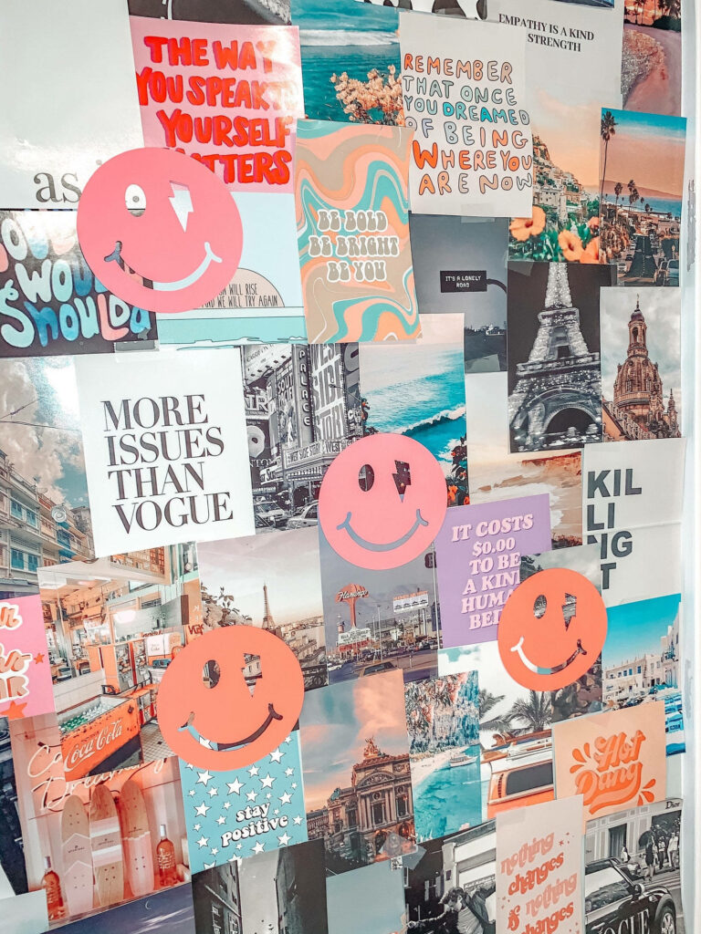 Colorful Preppy Smile Faces Over Beautiful Landscapes and Structures: An Eye-Catching Collage Wallpaper
