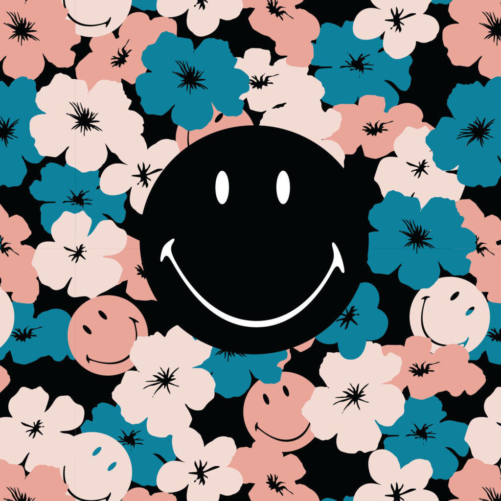 Vibrant and Playful: Captivating Preppy Smiley Face on a Charming Floral Background Wallpaper