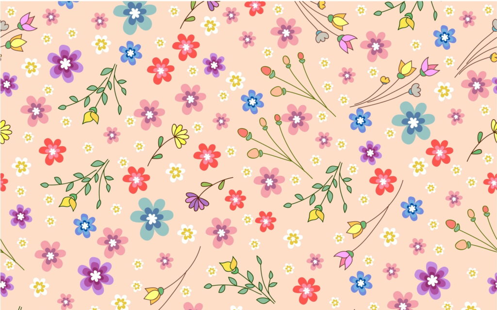Colorful floral vector wallpaper with playful red blue yellow pink flowers on peach background