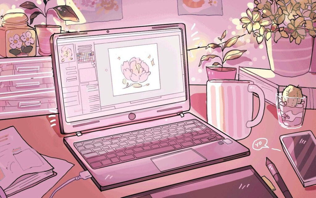 Pink perfection: An impeccably organized study sanctuary exuding a soft and soothing aesthetic Wallpaper
