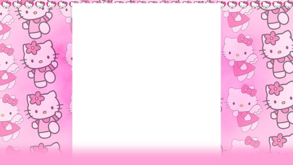 Cute Hello Kitty wallpaper with winged characters on pink background and white frame space