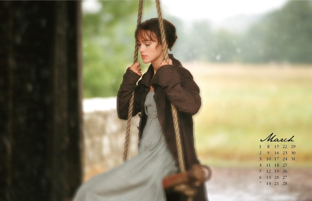 Elizabeth Bennet on a swing in a peaceful countryside scene Pride and Prejudice March calendar wallpaper