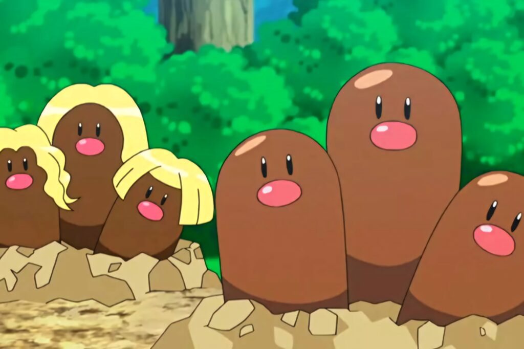 Primal Diglett and Dugtrio in rocky forest vibrant wallpaper with playful animated Pokémon design