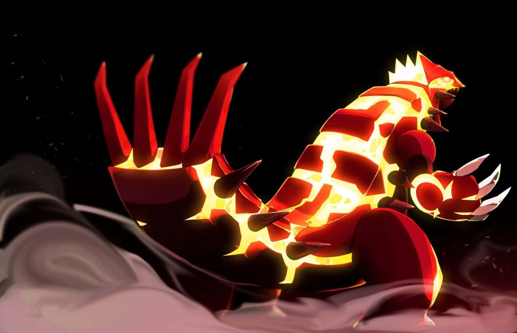 Primal Groudon side profile digital art glowing magma patterns smoky background wallpaper