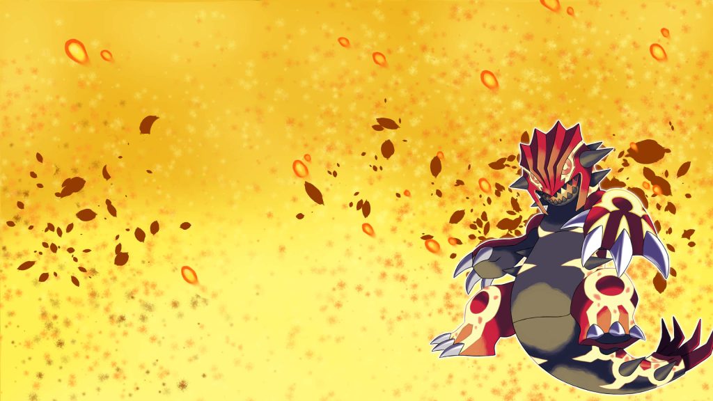 Primal Groudon in red black spiky armor with vibrant yellow ember background wallpaper