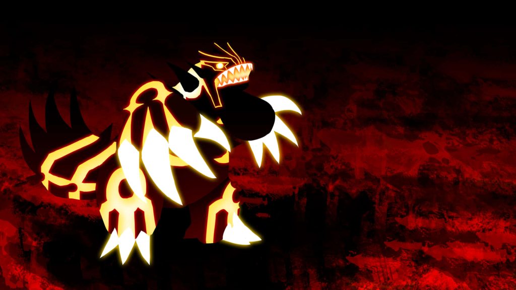 Primal Groudon glowing with white magma lines on textured red and black minimalist wallpaper background