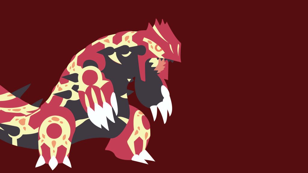 Minimalist Primal Groudon wallpaper with bold red black yellow vector design on maroon background