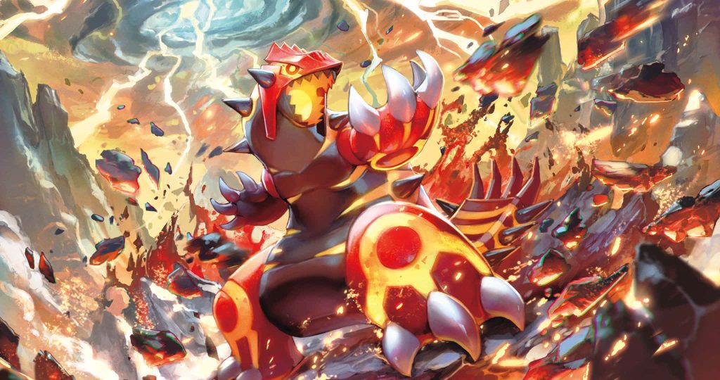 Primal Groudon unleashes molten energy on a fiery volcanic battlefield digital art wallpaper