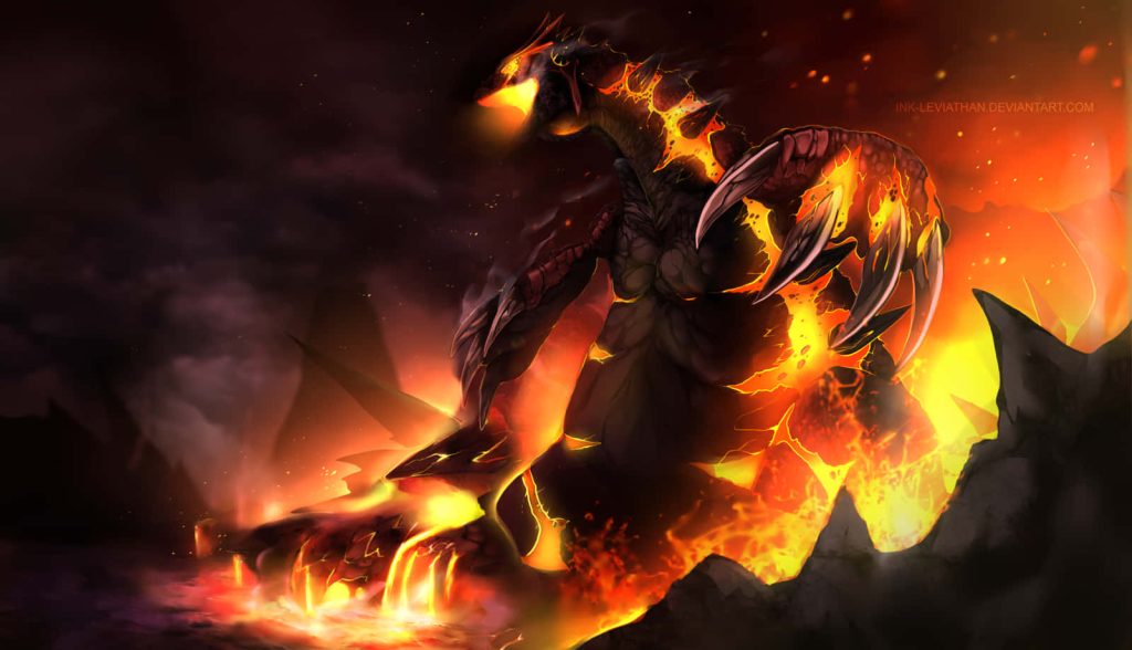 Primal Groudon digital art with glowing magma skin on fiery volcanic background wallpaper