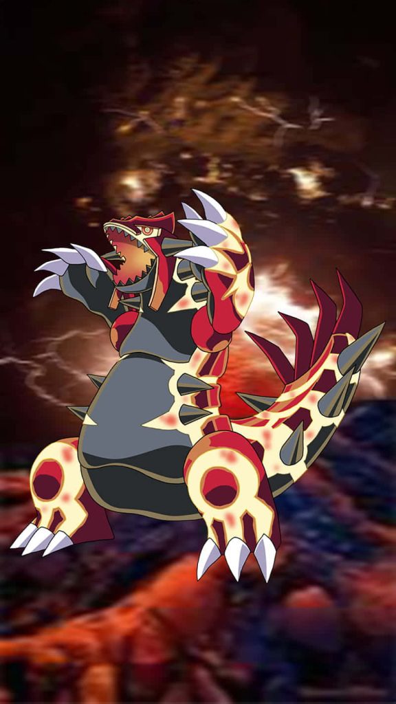 Primal Groudon roaring with fiery volcanic background intense Ground-type Pokémon wallpaper