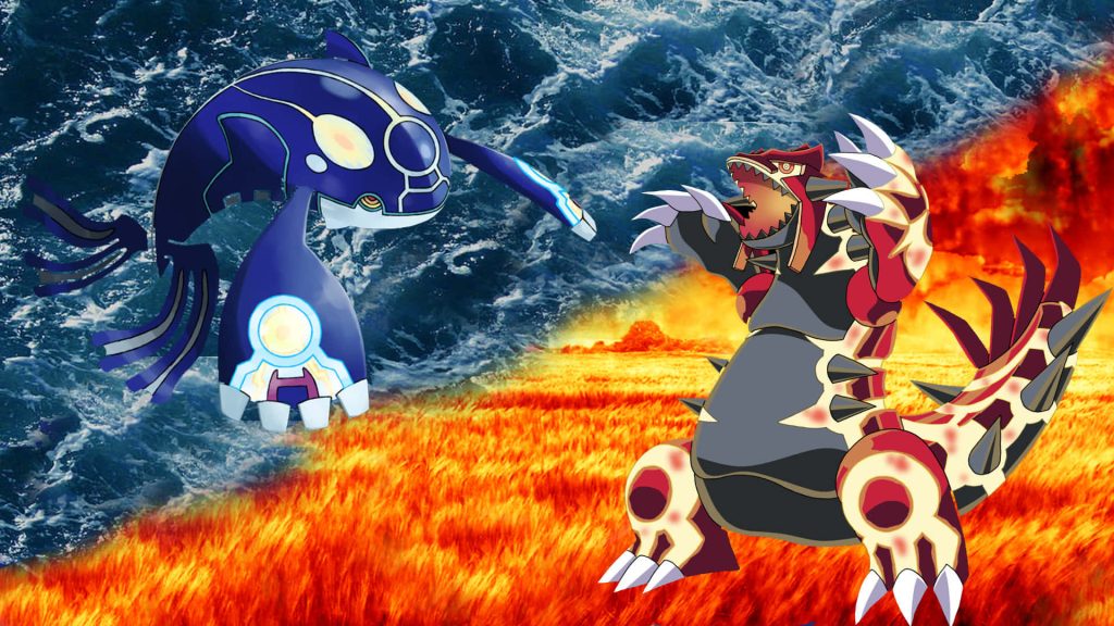 Primal Groudon and Primal Kyogre epic battle digital wallpaper with lava and ocean waves background