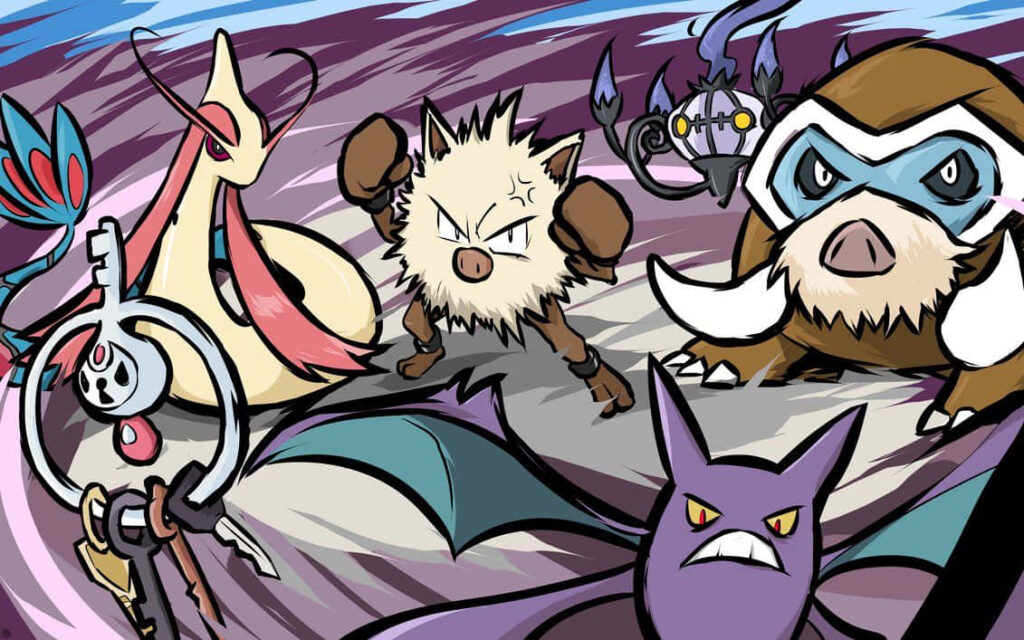 Primeape's Epic Battle: A Dynamic 2D Illustration with a Multitude of Pokemon Allies Wallpaper