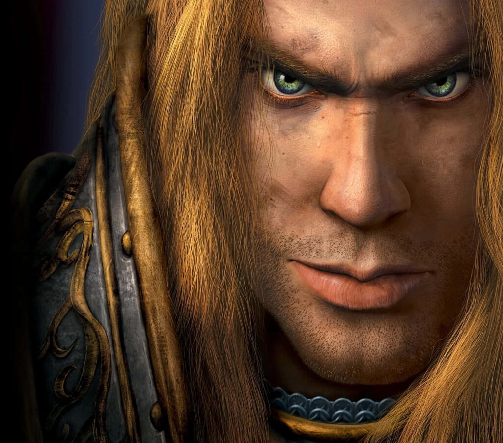 Close-up of Prince Arthas Menethil in detailed armor showing fierce expression Warcraft wallpaper
