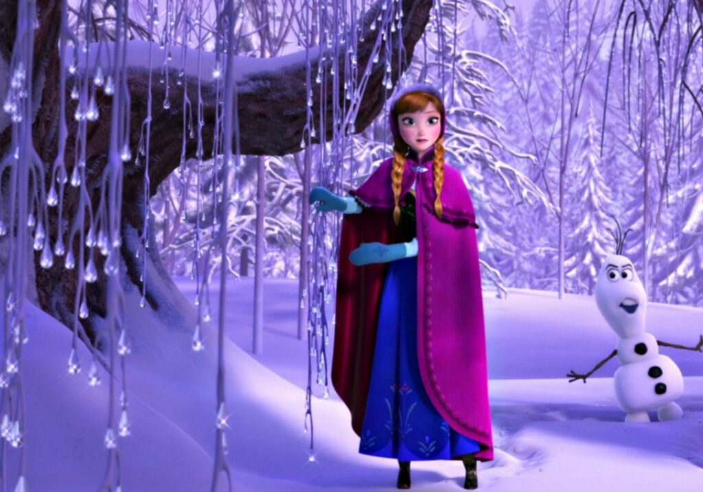 Frozen Fairytale: Princess Anna and Her Icy Adventure with Olaf in a Winter Wonderland Wallpaper