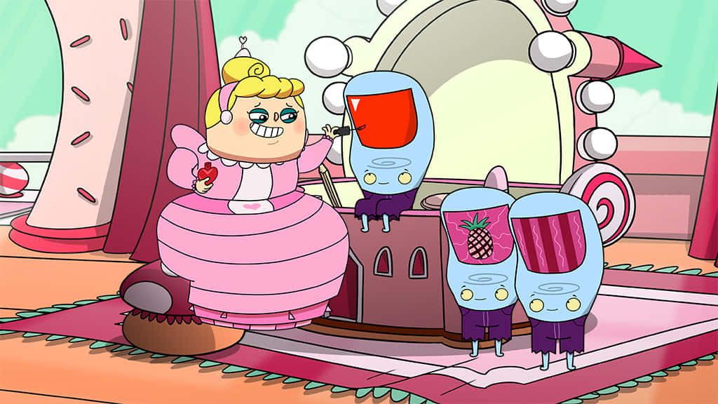 Princess Boo Boo in pink gown painting nails of blue citizens in Freaktown vibrant castle wallpaper
