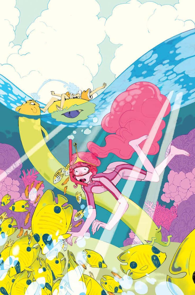 Princess Bubblegum explores vibrant underwater world with colorful fish and Adventure Time characters Wallpaper