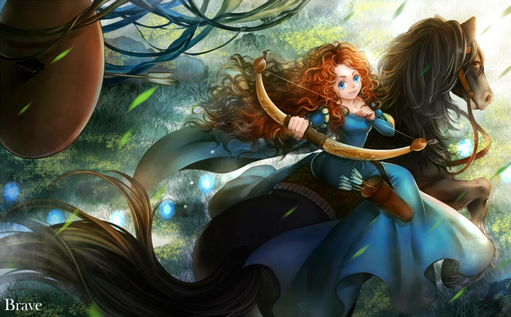 Heroic Princess Merida Takes Aim on Horseback in Disney's Brave Landscape Shot Wallpaper