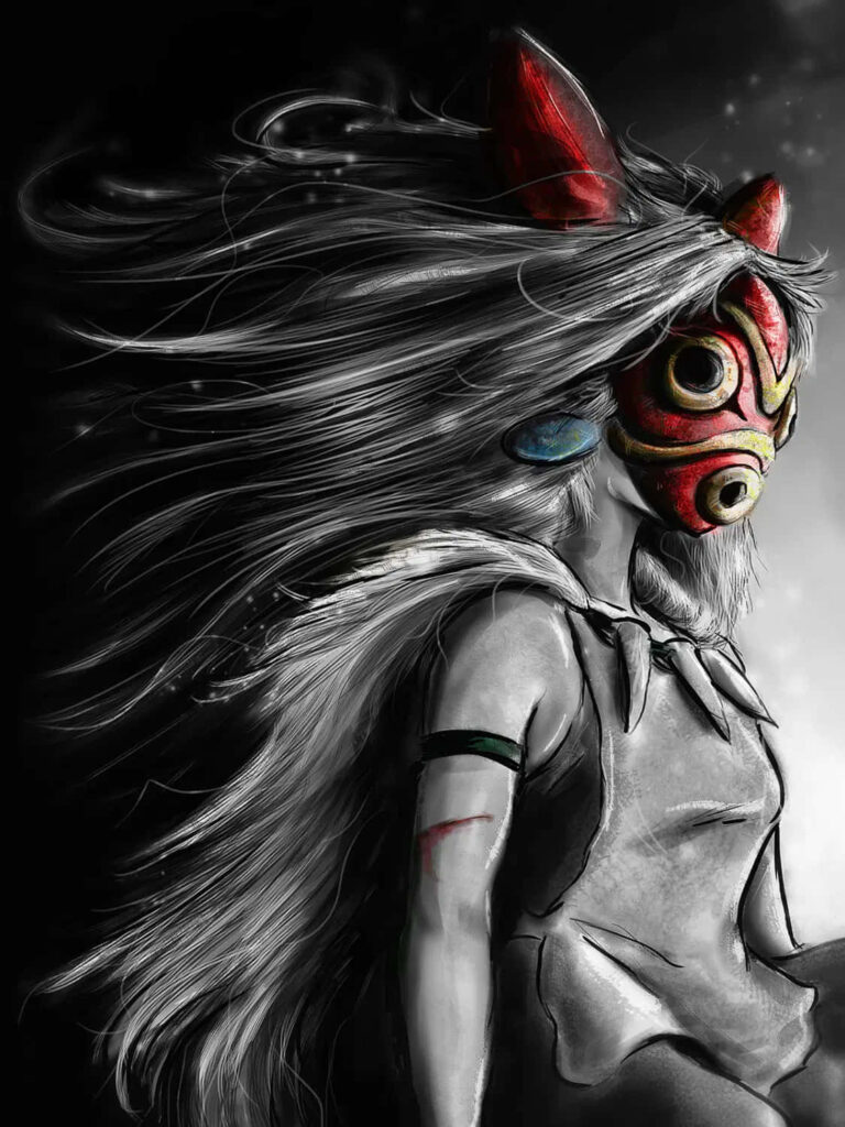 Princess Mononoke fierce stance with red mask wild hair in forest nature defense wallpaper background