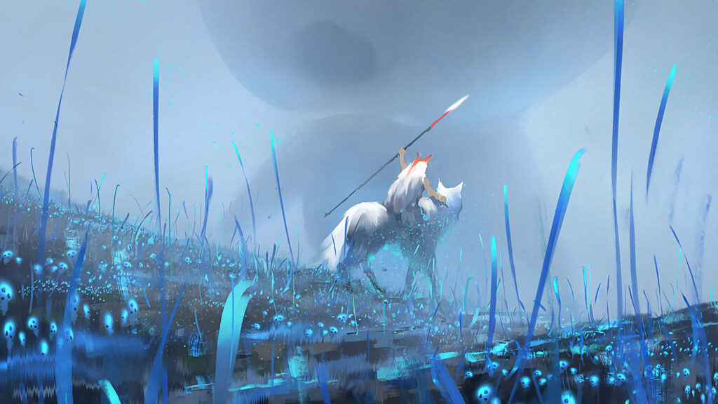 Princess Mononoke mystical forest with Kodama spirits and warrior riding white wolf in mist Wallpaper