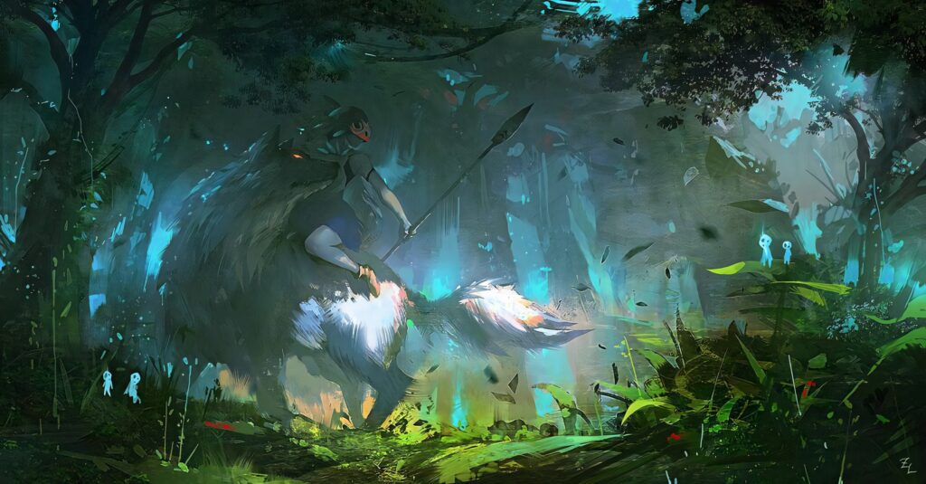 Princess Mononoke fan art riding mystical wolf in vibrant enchanted forest Studio Ghibli wallpaper