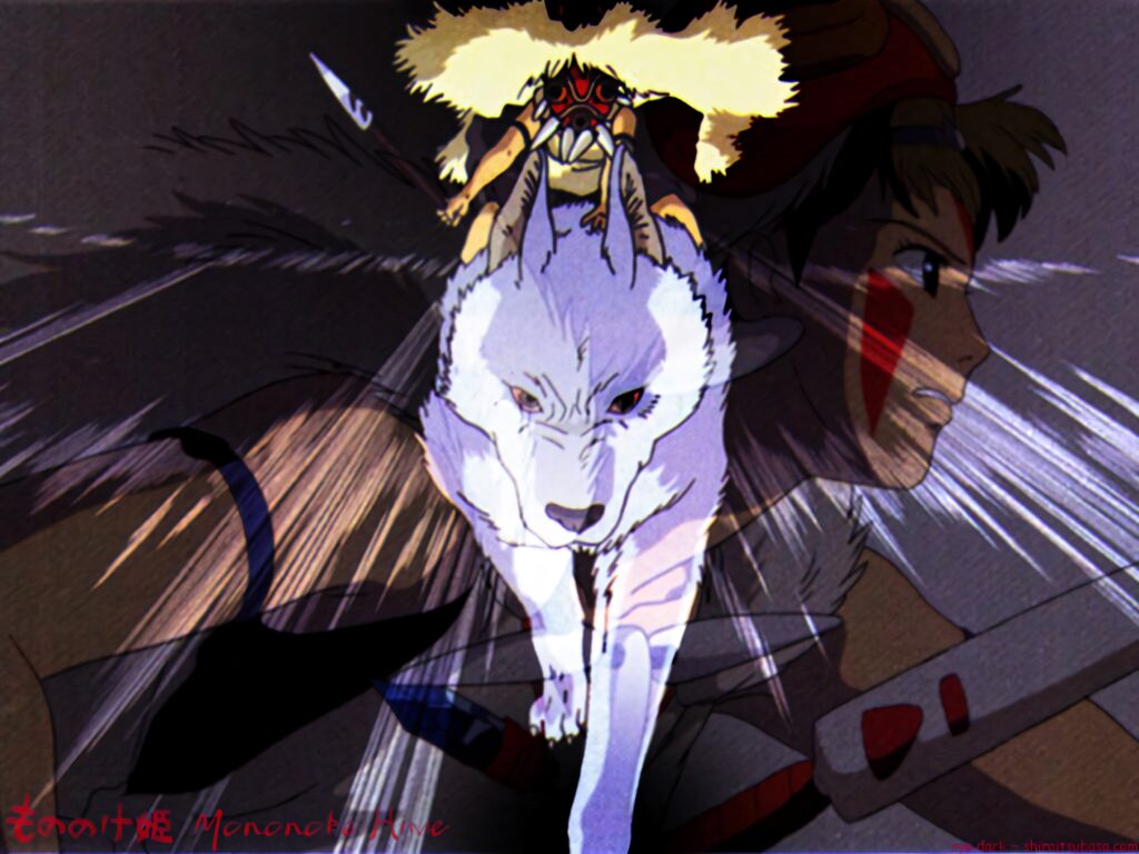 Princess Mononoke rides white wolf charging into battle dynamic anime film wallpaper background
