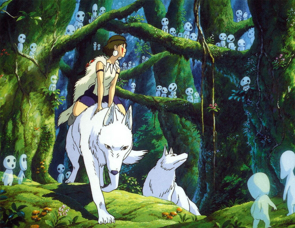 Princess Mononoke on white wolf in glowing Kodama forest magical animated film wallpaper background