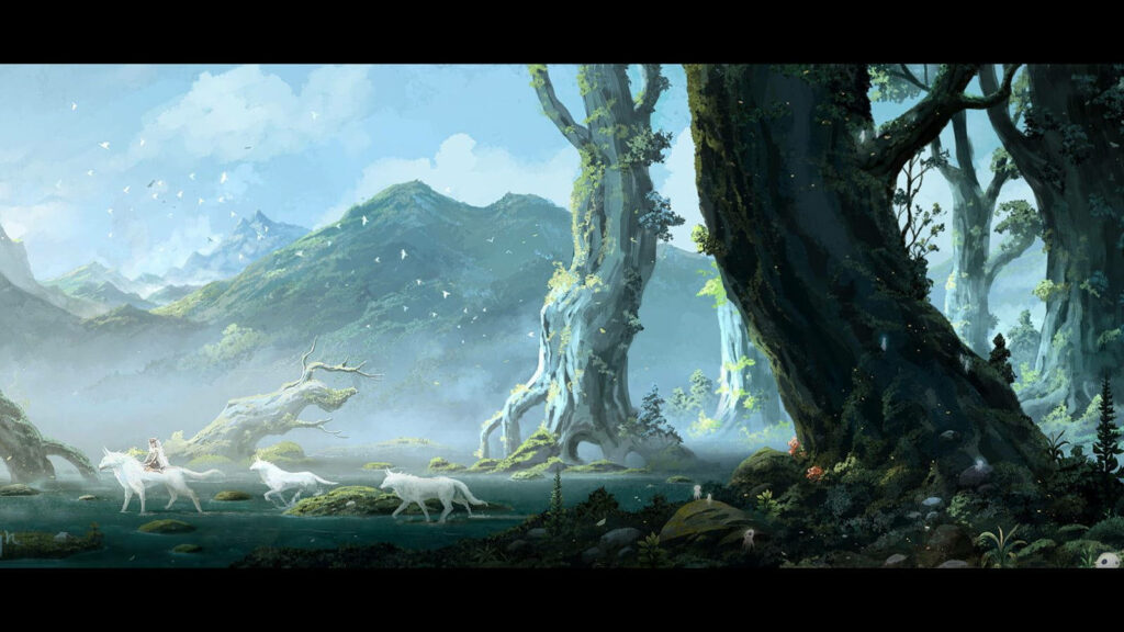 Princess Mononoke rides white wolves through ancient forest with lush misty trees wallpaper background