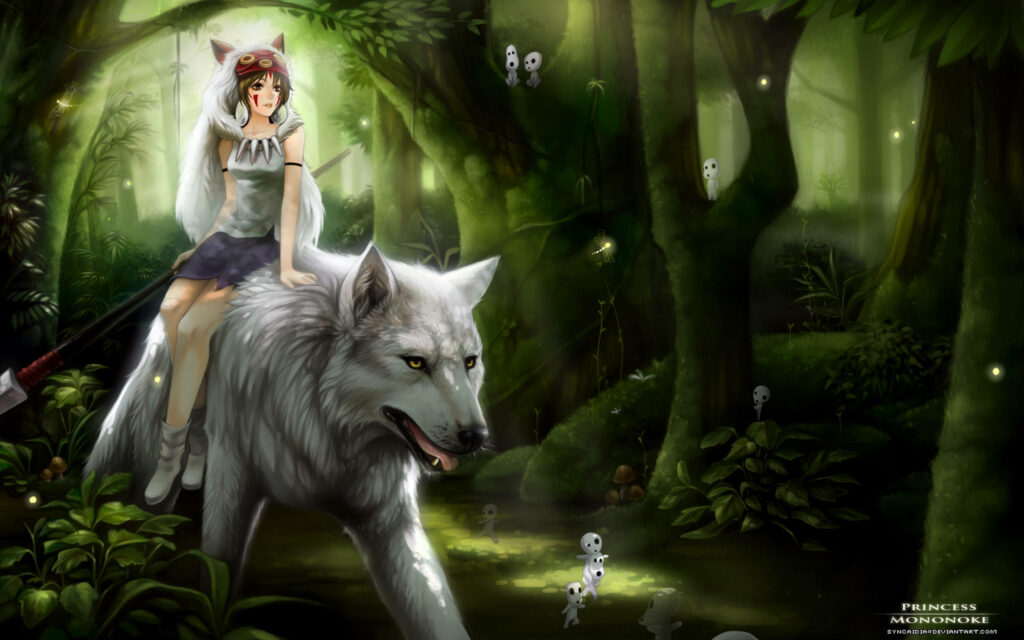 Princess Mononoke San rides wolf Moro through glowing Kodama spirits in mystical forest background Wallpaper