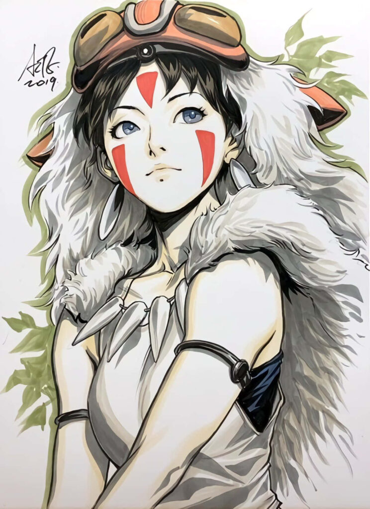 Princess Mononoke in wolf pelt with fierce spirit and forest wolves stunning wallpaper background