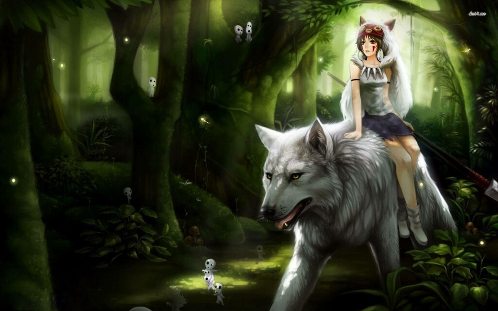 Princess Mononoke wallpaper San rides white wolf in glowing forest with mystical spirits background