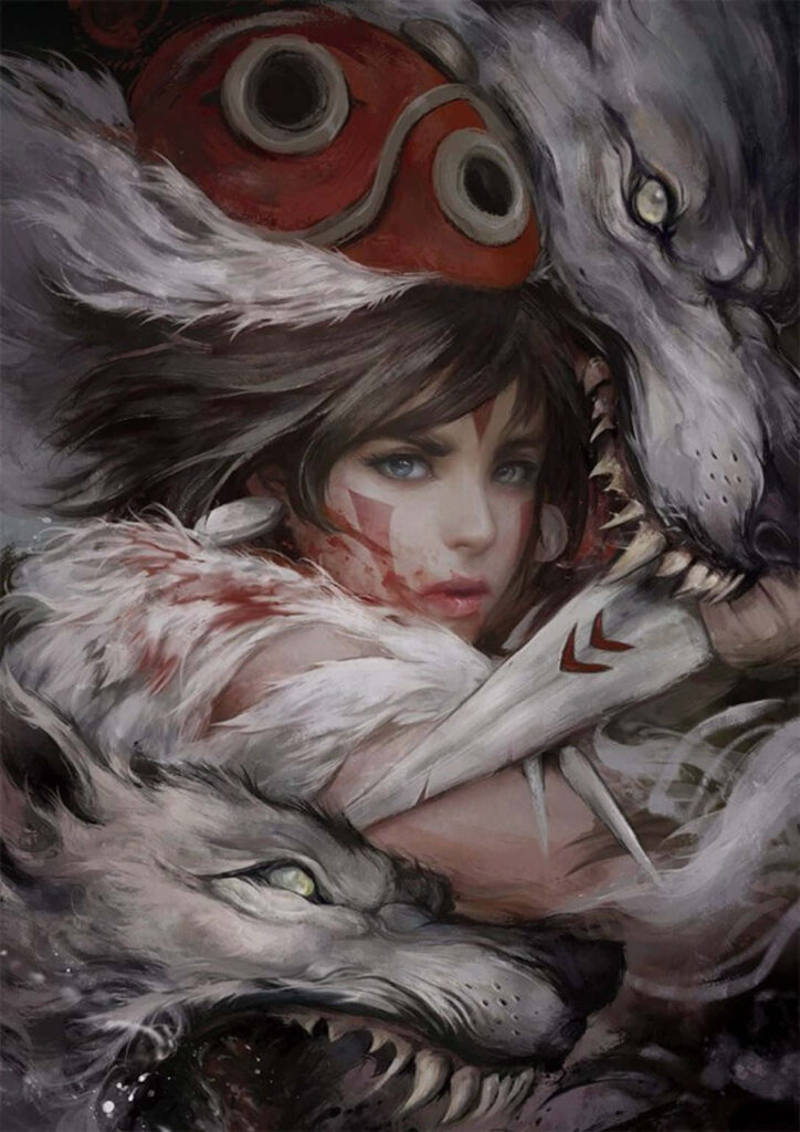 Princess Mononoke wallpaper San with wolves in mystical forest nature harmony background