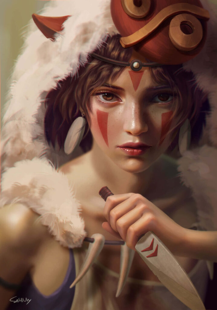 Princess Mononoke fierce warrior holding blade intense determined anime wallpaper background