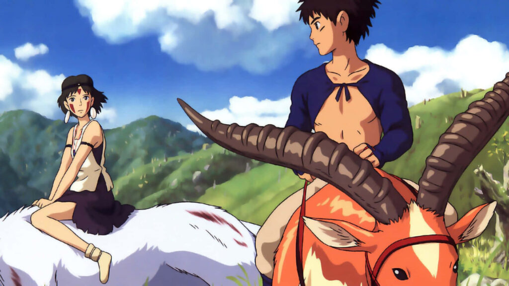 Princess Mononoke and Ashitaka riding through lush green hills peaceful Studio Ghibli wallpaper