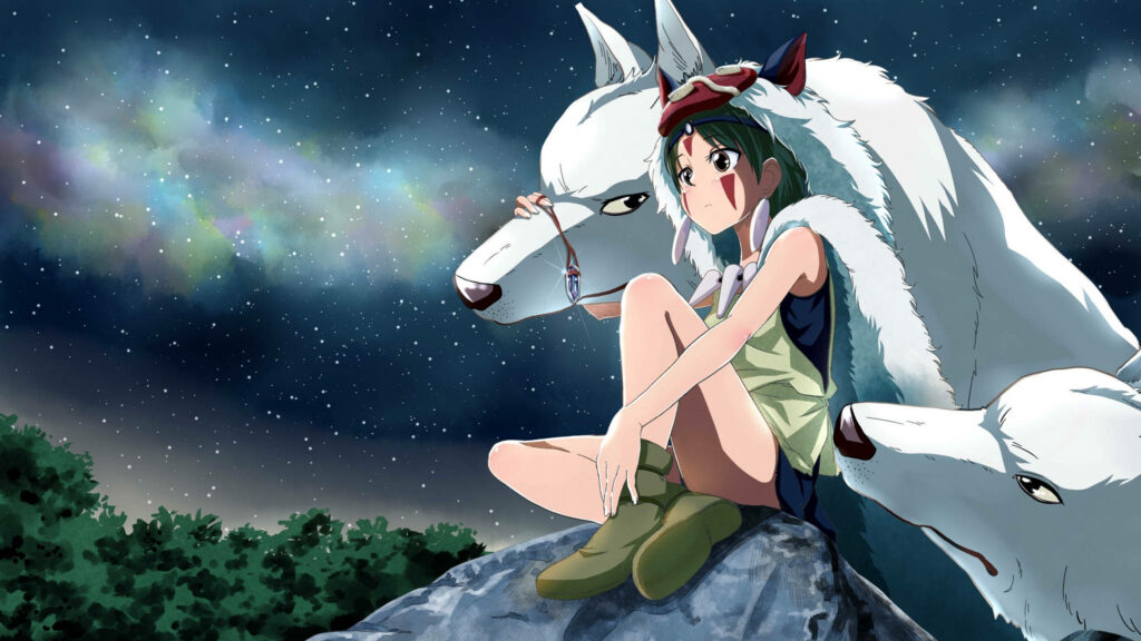 Princess Mononoke and Moro sitting on rock under starry galaxy sky peaceful universe view wallpaper