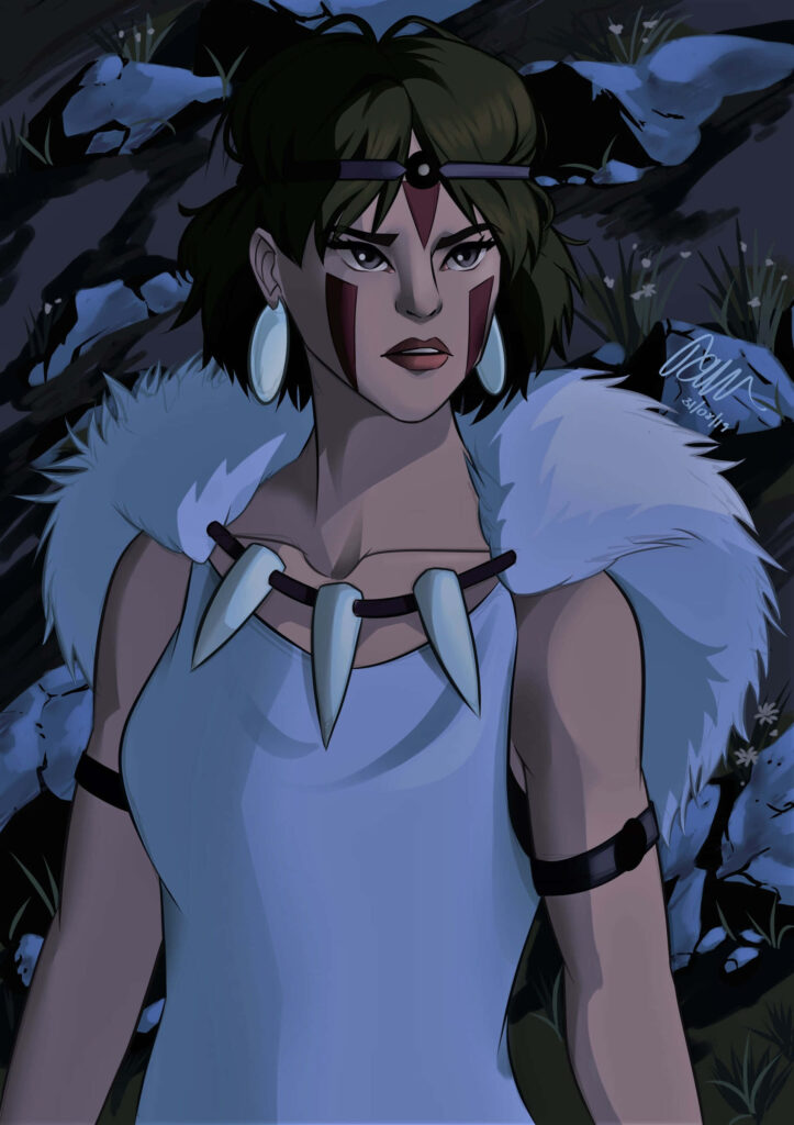 Princess Mononoke in mystical spirit forest showing strength and connection with nature wallpaper