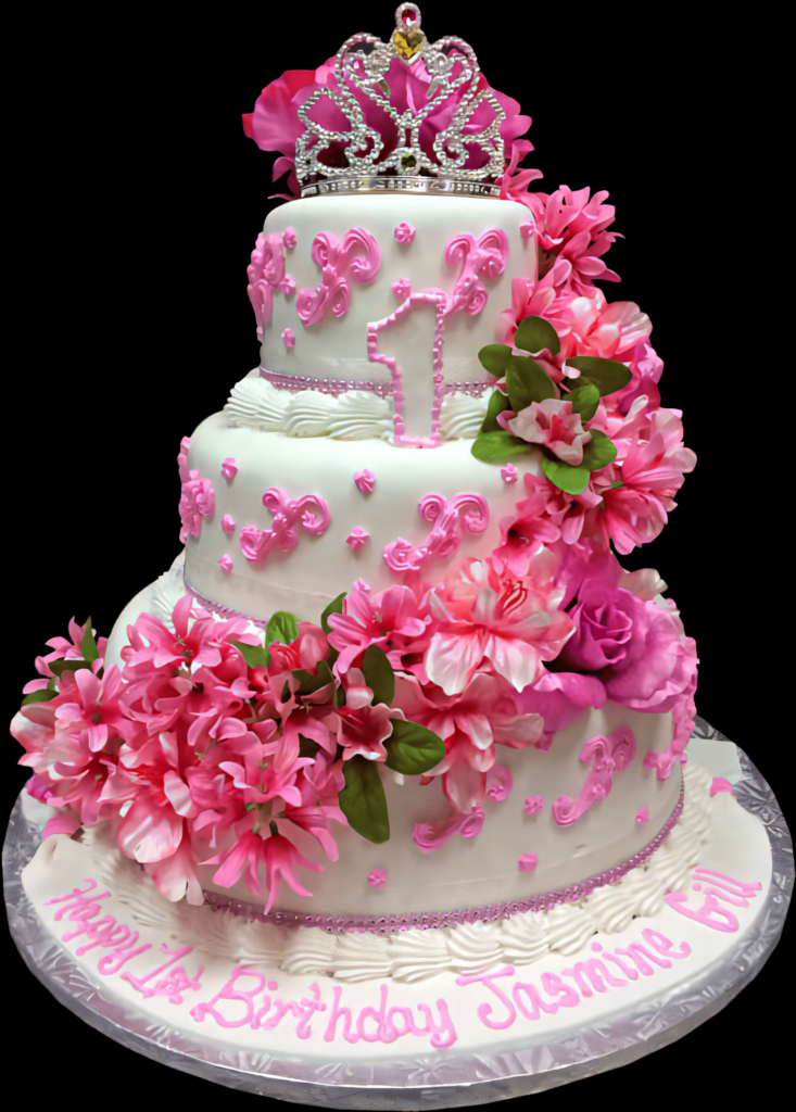 Princess-Themed Three-Tier Birthday Cake with Tiara & Pink Flowers Wallpaper