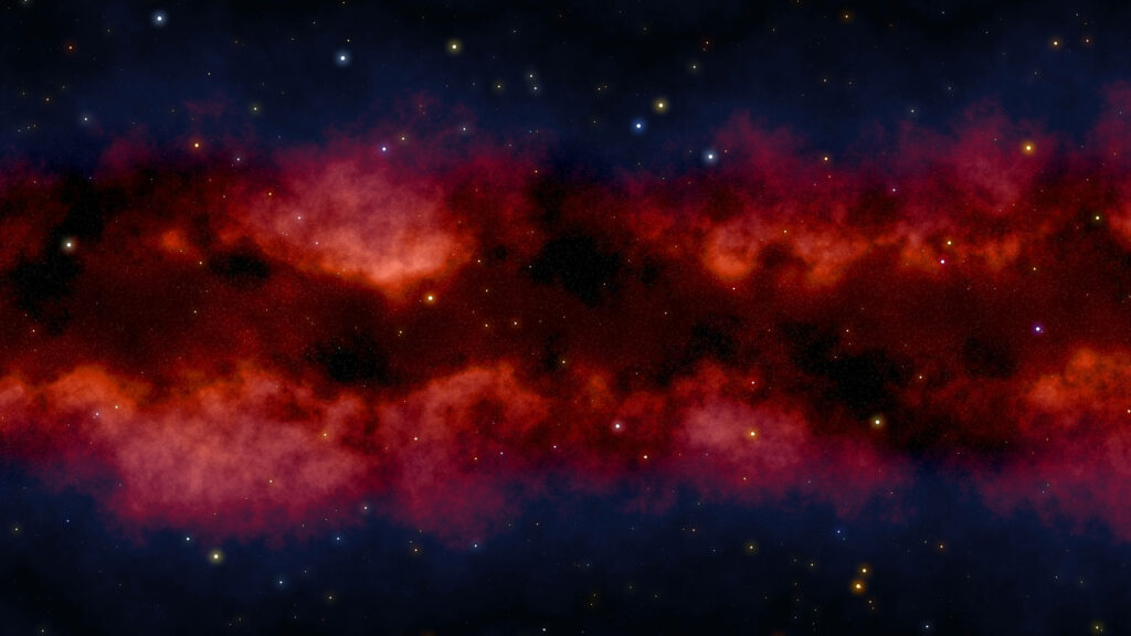 Red galaxy with vibrant cosmic dust and glowing stars in a deep vast space background wallpaper