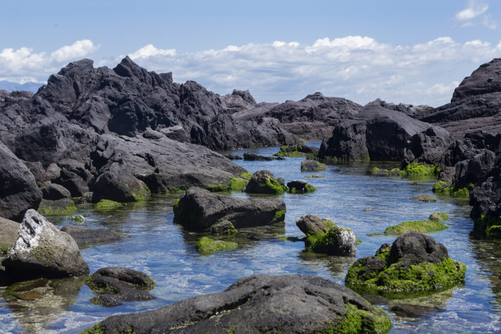 Rugged dark rocks with green moss along clear coastal water reflecting sky in daylight wallpaper
