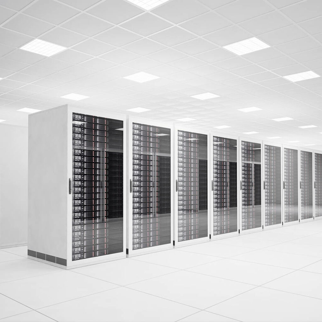 Pristine white data center with sleek server racks under bright ceiling lights futuristic design Wallpaper