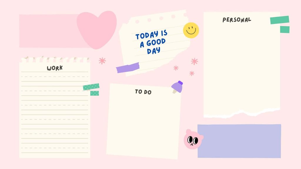 Cute pastel pink desktop organizer wallpaper with labeled work personal and to do lists