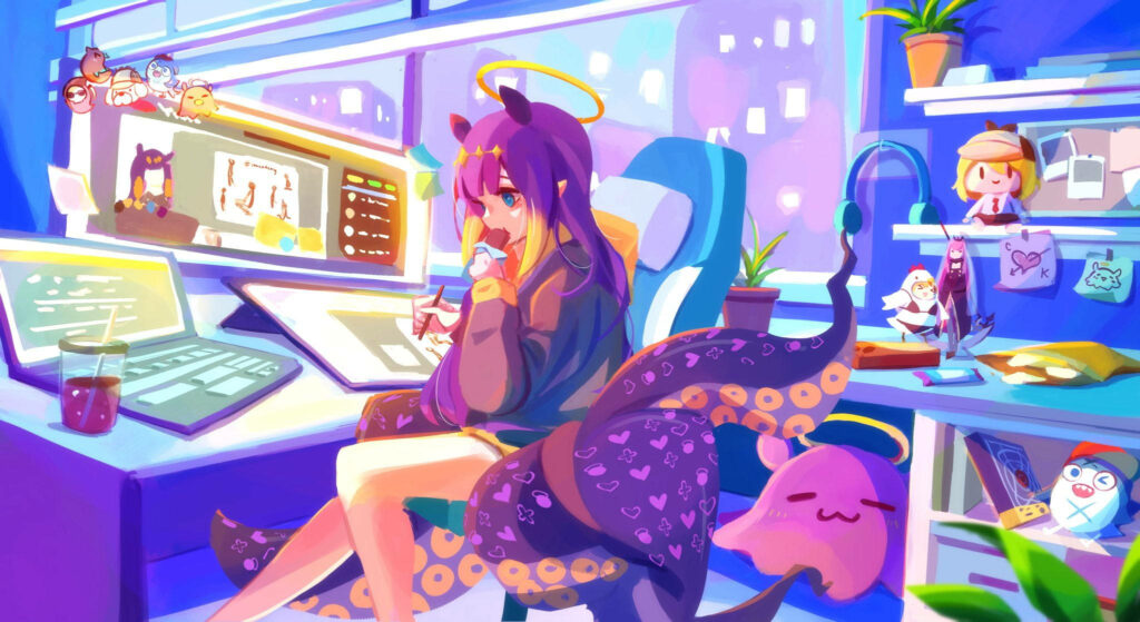 Hololive Ninomae Ina'nis anime wallpaper with purple blue tones and Takodachi plushies on desk
