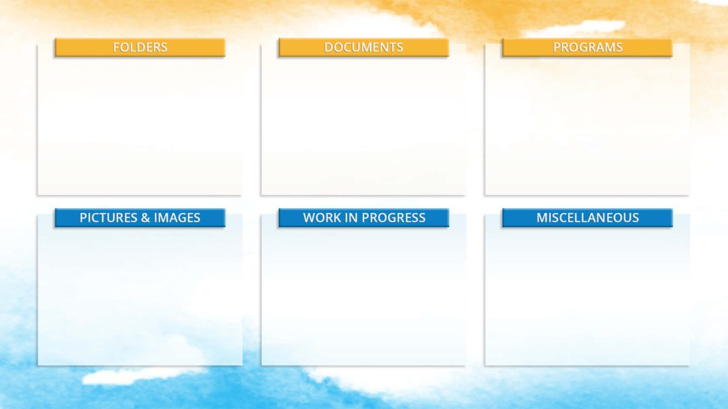 Clean desktop organizer wallpaper with watercolor background six frames color-coded labels