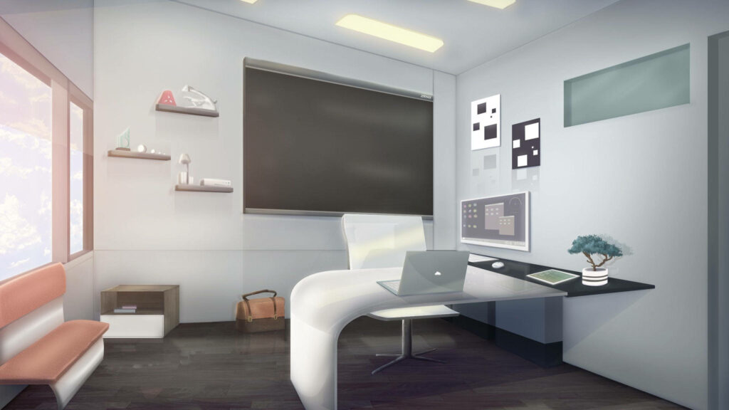 Productive Workspace: A Zoom-Ready Office Set-Up with Expansive Monitor, Spacious Desk, and Breathtaking Windows Wallpaper