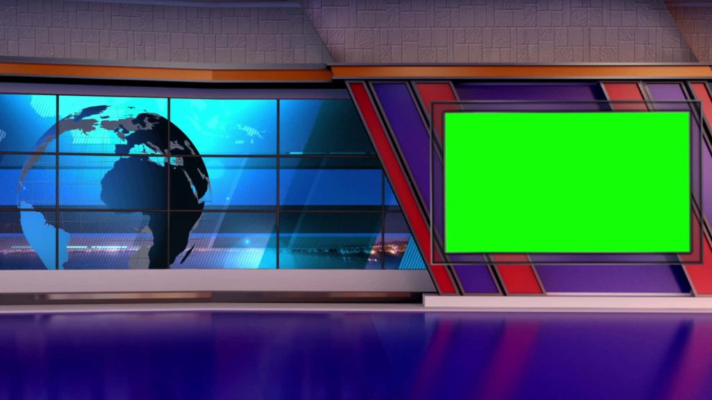 Professional 3D CGI news studio background with digital world map and green screen panel Wallpaper