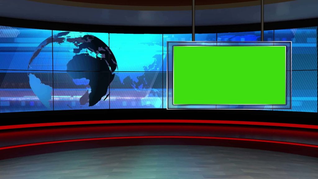 Professional 3D virtual news studio background with curved digital world map and green screen panel Wallpaper