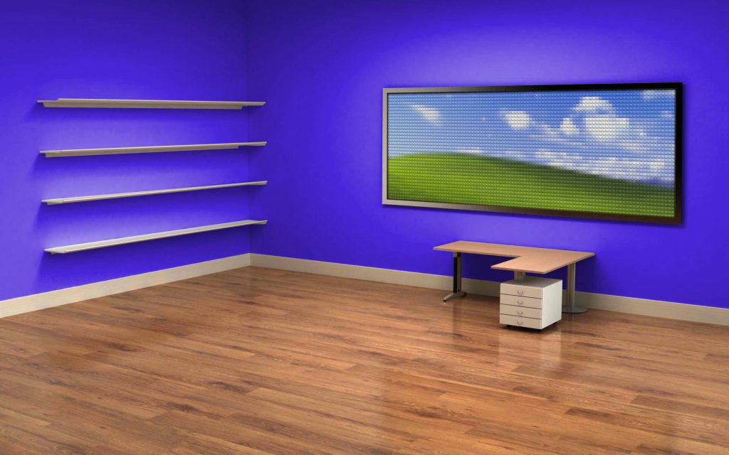 Professional blue office Zoom background with modern shelves L-shaped desk and pixelated Windows XP Bliss art Wallpaper