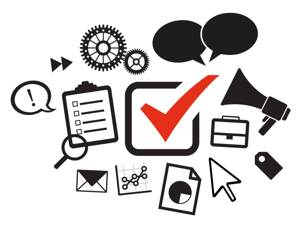 Flat vector of black business and marketing icons with red checkmark on white background wallpaper