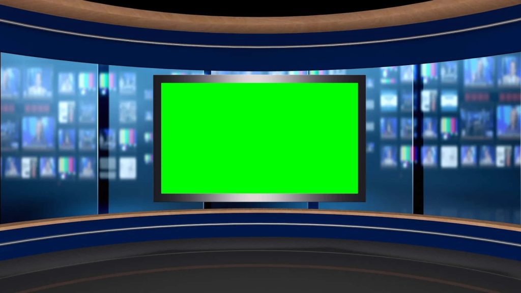 Professional CGI news studio background with large green screen and sleek blue digital monitors Wallpaper