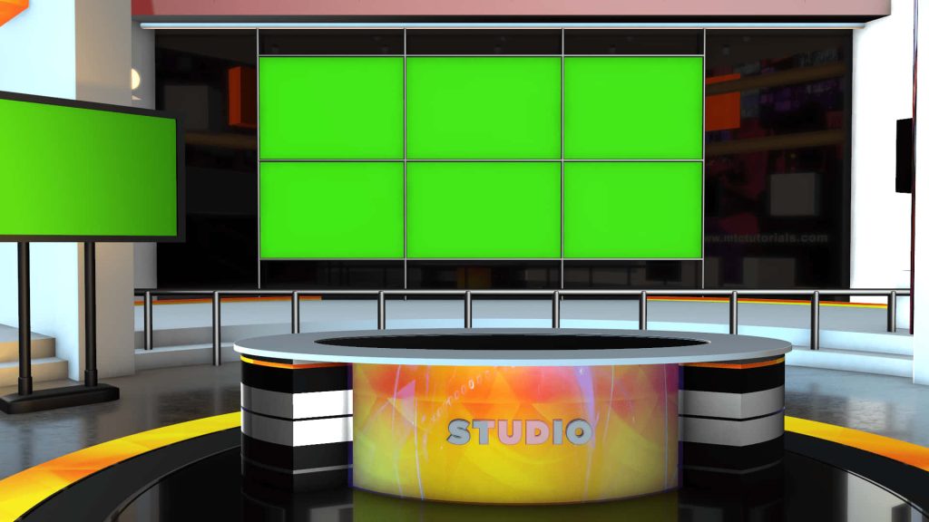 Professional CGI news studio set with central desk and six green chroma key screens background Wallpaper