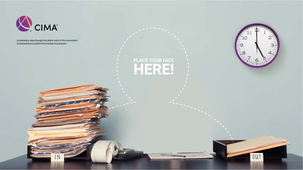 Professional CIMA Zoom background with office desk stack paper trays clock and face placeholder Wallpaper